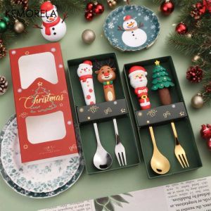 2PCS Stainless Steel Tableware Christmas Spoon Fork Set Cake Dessert Spoon Fruit Fork Santa Elk Doll Spoon Christmas Gifts