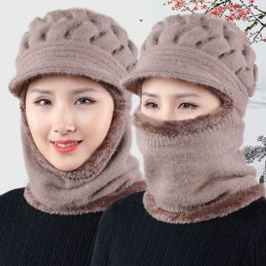 SCHOOLING GRIN68IN6 Woolen Yarn Women Winter Hat Knitted Warm Ring Scarf Scarf Cap Plush Thickening Balaclava Beanies Outdoor