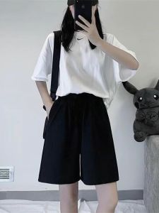 Quần Short Nữ Cạp Cao Phong Cách Hàn Quốc Thường Ngày Màu Đen Rộng Rãi Năm Điểm Quần Ống Rộng Thể Thao Đa Năng Mặc Ngoài Trời Mùa Hè