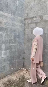 Setelan Muslimah Knit Polos Plus Size dengan Celana Panjang Wide Leg