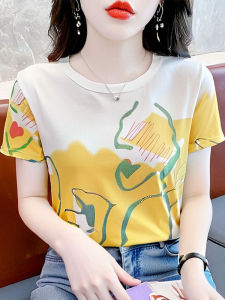 Áo Thun Cotton Lụa Mùa Hè in Họa Tiết Rộng Rãi Đa Năng Cho Nữ Áo Thun Cotton Nguyên Chất Thoáng Khí Thấm Hút Mồ Hôi Phong Cách Hàn Quốc