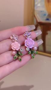 Romantic Rose Flower Necklace Bracelet Stud Earrings Jewelry Set Womens Fashion Pink Purple Choker Necklace Party Wedding K0