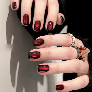 Short Square fake nails for women girls Gradient red blue glossy glass cat eyes design Square nail tips press on false nail art