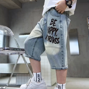 LANBAO กางเกงยีนส์ขาสั้นสำหรับเด็กผู้ชาย กางเกงยีนส์เด็กเกาหลี กางเกงยีนส์สั้น