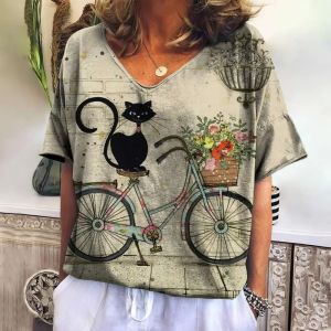 เสื้อยืดแขนสั้นพิมพ์ลายคอวีแฟชั่นสําหรับผู้หญิงสไตล์สตรีทคอกลมทรงสลิมฟิตความหนาปกติฤดูใบไม้ร่วง