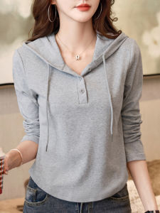 Autumn Spring Pure Cotton Long Sleeve Hoodie Womens Short Top Casual Loose Fit Classic Color Block Sweatshirt