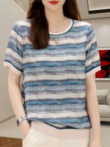 Lightweight Breathable Ice Silk Cotton Short Sleeve T-Shirt Womens Loose Fit Printed Casual round Neck Top for Summer