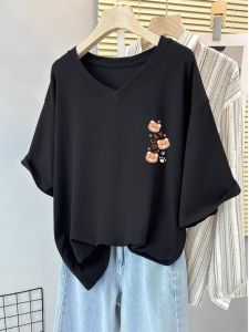 Summer New Casual Loose Cotton Short Sleeve T-shirt Black V-neck