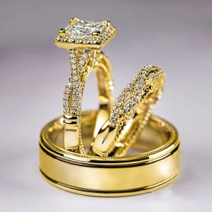 Huitan Luxury Princess Cut Cubic Zircon Bridal Marriage Set Rings Elegant Accessories Brilliant Women Men Wedding Trendy Jewelry