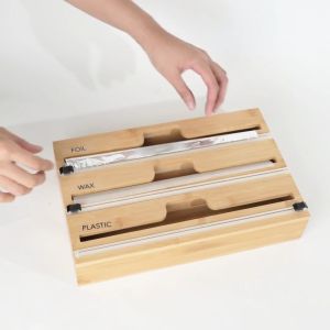 AYOUSIN Bamboo Foil Dispenser With Cutter Storage Cling Wrap Saran Wrap