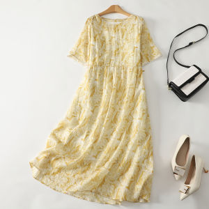 Artistic Cotton Linen Midi Dress Womens Fashionable Youthful Slimming Summer Short Sleeve Natural Waist Long Dress Trendy