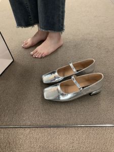 Silver Low Heel Square Head Korean Style Small Leather Shoes Womens Shoes 2025 New Summer Mary Jane Niche Single Shoes Evening Shoes