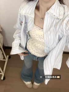 Loose Fit Blue Striped Womens Shirt Long Sleeve Thin Style Winter Lazy Fashion Lace Trim Korean American Style Top Coat