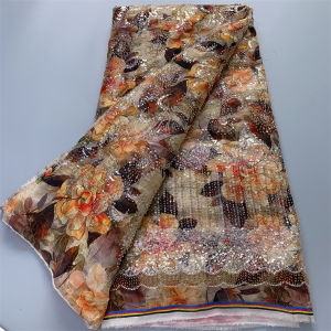 Pink Floral Print Net Lace Fabric With Sequins Rhinestones Luxury African Mesh Tulle Lace Material For Wedding Party Dress