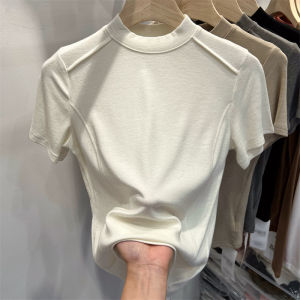 Slim Fit Half High Collar T-Shirt Knitted Short Sleeve Pure Color Top Korean Style Spring Summer New Arrival Versatile Base Shirt