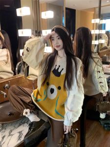 Youthful Bear Knitted Vest And Shirt Two-Piece Set for Women Spring Autumn Japanese Cartoon Style Fashionable Age-Defying Outfit