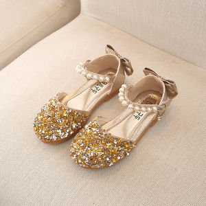 Shiny Princess Sandals for Little Girls Spring Summer New Style Childrens Fashionable Flat Heels Synthetic Leather Inner Material