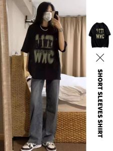 Street Graffiti Letter Short Sleeve T-Shirt Women Summer Loose Large Size American Trendy Brand Hip Hop Top Cotton Tee Women