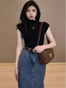 HUOLISI | Black Half-neck Elegant Petite Ice Silk Knit T-Shirt