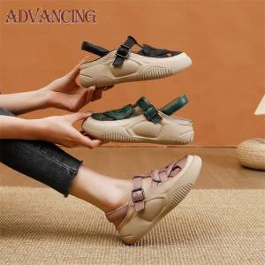 Leather Hollow Out Soft Thick Sole Sports Flat Sole Sandals for Womens Summer New Vintage Buckle Roman Sandals