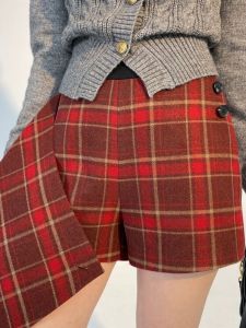 Red Plaid Woolen Mini Skirt American Style Womens A-Line Christmas Skirt High Waist Short Skirt plus Size School Style