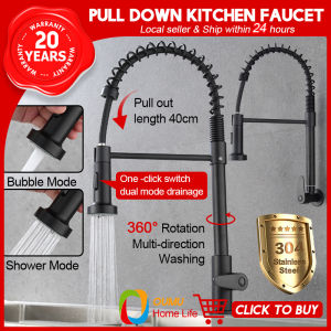 Oumu 304 Stainless Pull Out Kitchen Faucet Wall Mounted 360° Rotate Kitchen Sink Faucet Pull Down Sprayer Spring Faucet
