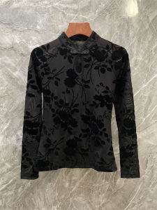 New Chinese Style National Trend Stand Collar One Button Velvet Flocking Long Sleeve Base Shirt Embroidered T-Shirt Women Spring