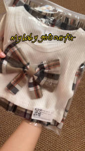 [Manila Stock Fast Delivery] Kids Girls Set 2-7 Years Old Short Sleeve Soft Cotton T-Shirt with Decorative Bow + Plaid Skirt Pink Brown Black for Christmas Baptism Birthday Party School Style Outfit