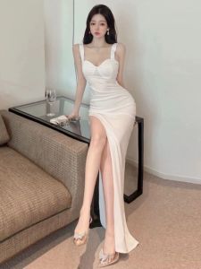 ชุดเดรสยาวคอวีแขนกุดเอวสูงทรงเอผ้าฝ้ายผสมสไตล์เกาหลีสำหรับงานปาร์ตี้ฤดูใบไม้ผลิ