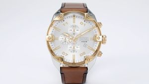 Diesel Mens Spiked Chronograph Watch ( DZ4665 ) - Quartz Silver Case Round Dial 24 MM Brown Leather Band