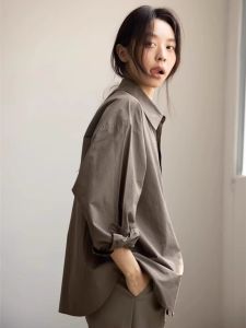 Retro French Style Long Sleeve Brown Cotton Shirt Early Autumn Loose Fashion Top Womens Outerwear Casual Commute Style