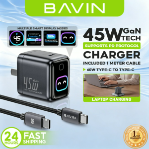 BAVIN PC2206 45W GaN PD 3.2 Mini Fast Charging Wall Charger w/ Smart Screen Display +Foldable Plug for iPh 15-17 /Laptop