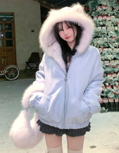 Korean Sweet Style Short Coat Jacket Womens Autumn Winter New Loose Thickened Fluffy Warm Cotton Clothes Hat Two-Way Wear