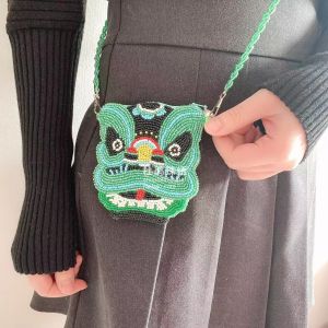 Handmade Childrens Bag Special Design Lion Wake up Bead Embroidery Style Girls Crossbody Bag Youth Short Wallet Cartoon Pattern