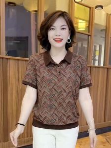 QIAOXIZI | Elegant Notch Collar Short Sleeve Printed T-Shirt Slimming and Age-Reducing for Middle-Aged Ladies