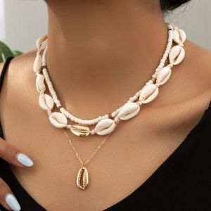 Bohemian Multilayer Metal Conch Necklace For Women Trendy Sea Shell Starfish Rice Beads Chain Choker Summer Beach Party Jewelry