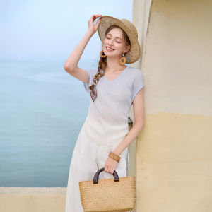 XIANGYING | Ombre Purple V-Neck Drawstring Cinched Waist Lightweight Ribbed Knit Sweater for Women