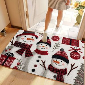 Khăn Quàng Cổ Kẻ Sọc Giáng Sinh VIKAMA Ba Người Tuyết Thảm Polyester Bền Ngoài Trời Trong Nhà Thảm Cửa Ra Vào Cho Hành Lang Trang Trí Phòng Ngủ