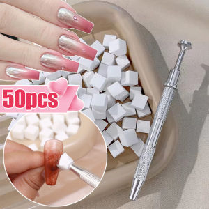 ชุดฟองน้ำเล็บสี่เหลี่ยมสีขาว50ชิ้นไล่ระดับสีแปรงเล็บเล็บขนาดเล็กนุ่มฟองน้ำแต่งหน้าทำเล็บมือแบบ Diy พร้อมปากกาจับ