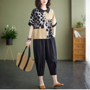 Cotton Linen Loose Casual Womens Summer Outfit Two-Piece Set Comfortable Harajuku Pants for Middle-Aged And Elderly Ladies
