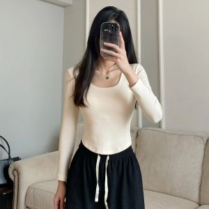 Long Sleeve Scoop Round Neck Cream Top Slim Waist Cutting Shirt - N07