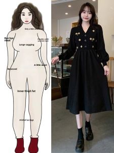 plus Size Autumn Winter Long Sleeve Dress Hepburn Style Belly Cover Slimming Black Dress Elegant A-Line Korean Version Commute