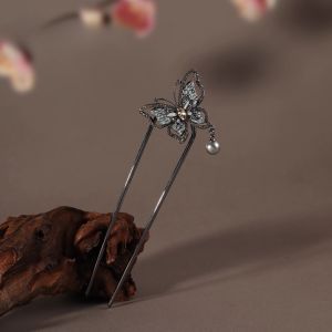 French Style Rhinestone Buttefly U-shaped Hairpin Pearl Tassel Hairpin Womens Back of Head Hair Sticks Ancient Bridal Headdress