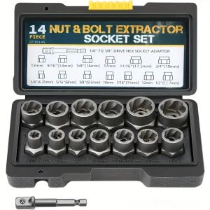 14Pcs Damaged Nut Bolt Extractor Impact Socket Set Heavy Duty Remover Tool for Auto Repair Garage with Portable Storage case