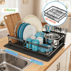 Lifinity Scalable Dish Rack with Drainer Kitchen Bowls Plates Storage Rack with Absorbent Mat Space-Saving Large Dish Rack for Kitchen Counter