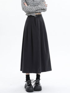 Gray Woolen Suit Skirt High Waist A-Line Midi Skirt Womens Autumn Winter Small Size Elegant Drapey Half-length Umbrella Skirt