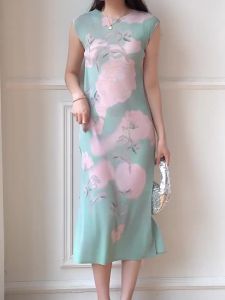 1416 One Size (45-75kg) Summer Sanzhai Pleated Commuter Chinese Printed Cheongsam Dress
