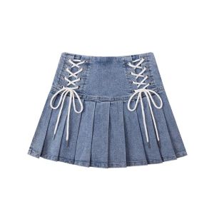Váy Mini Denim Cạp Cao Gợi Cảm Có Dây Buộc Váy Midi Phong Cách Đường Phố Cho Nữ Mùa Hè 2025 Váy Ngắn Dáng Chữ a