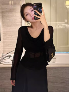 plus Size Knitted T-Shirt Womens Initial Autumn Slimming Mesh Top Long Sleeve V-Neck Knitwear Korean Style Commute Fashion