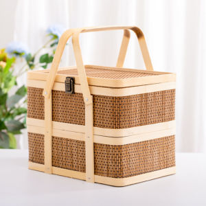 Double Layered Bamboo Woven Handheld Basket Food Packaging Storage Organizer Ideal for Chinese New Year And Moon Festival